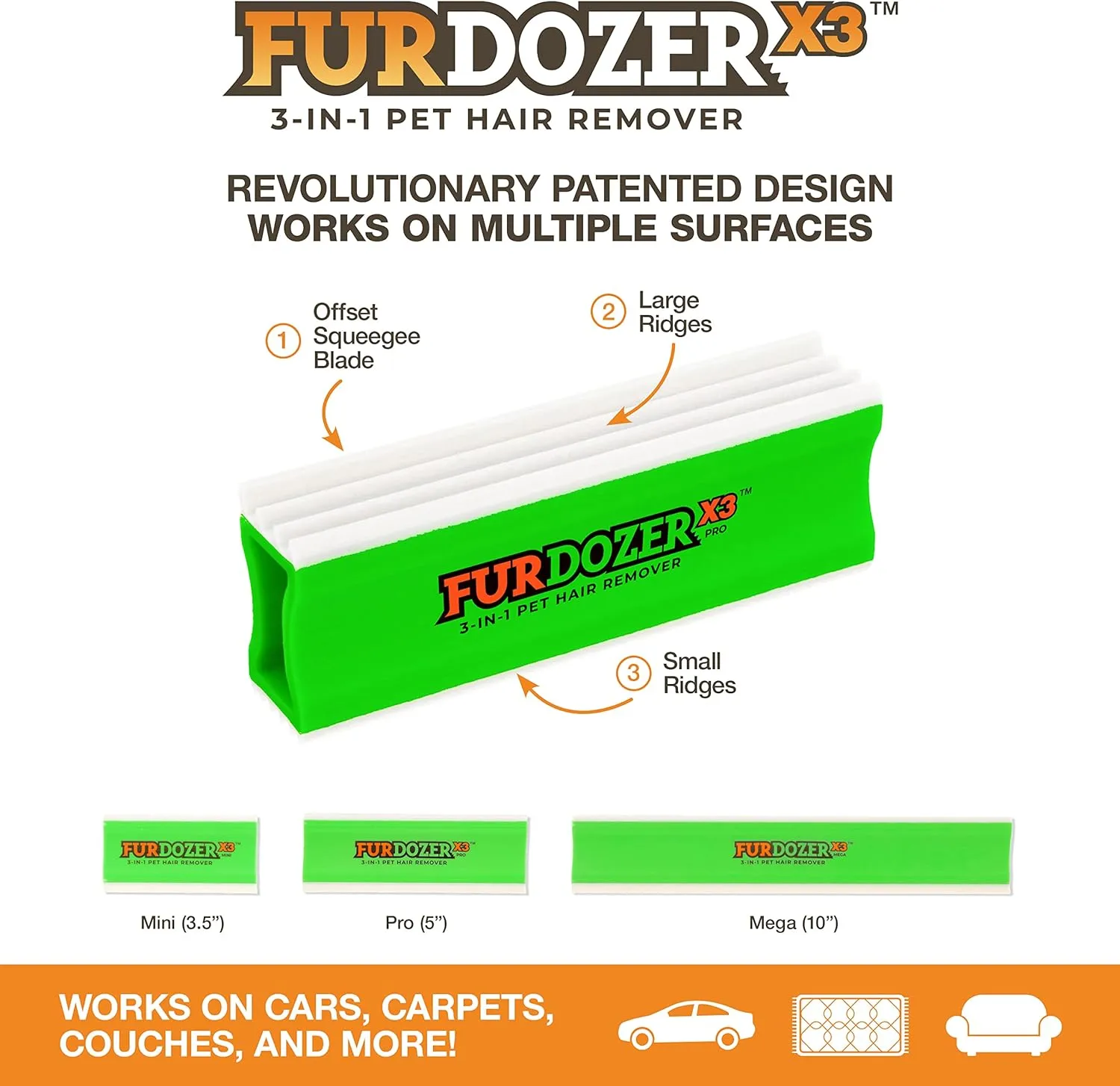 FurDozer X3 PRO Pet Hair Remover & Auto Detailing Tool - Cat & Dog Hair Remover for Carpets, Car Interiors, Couches, Bedding, & Furniture - Reusable Pet Hair Removal Tool for Fur & Lint, 5" (2-Pack)