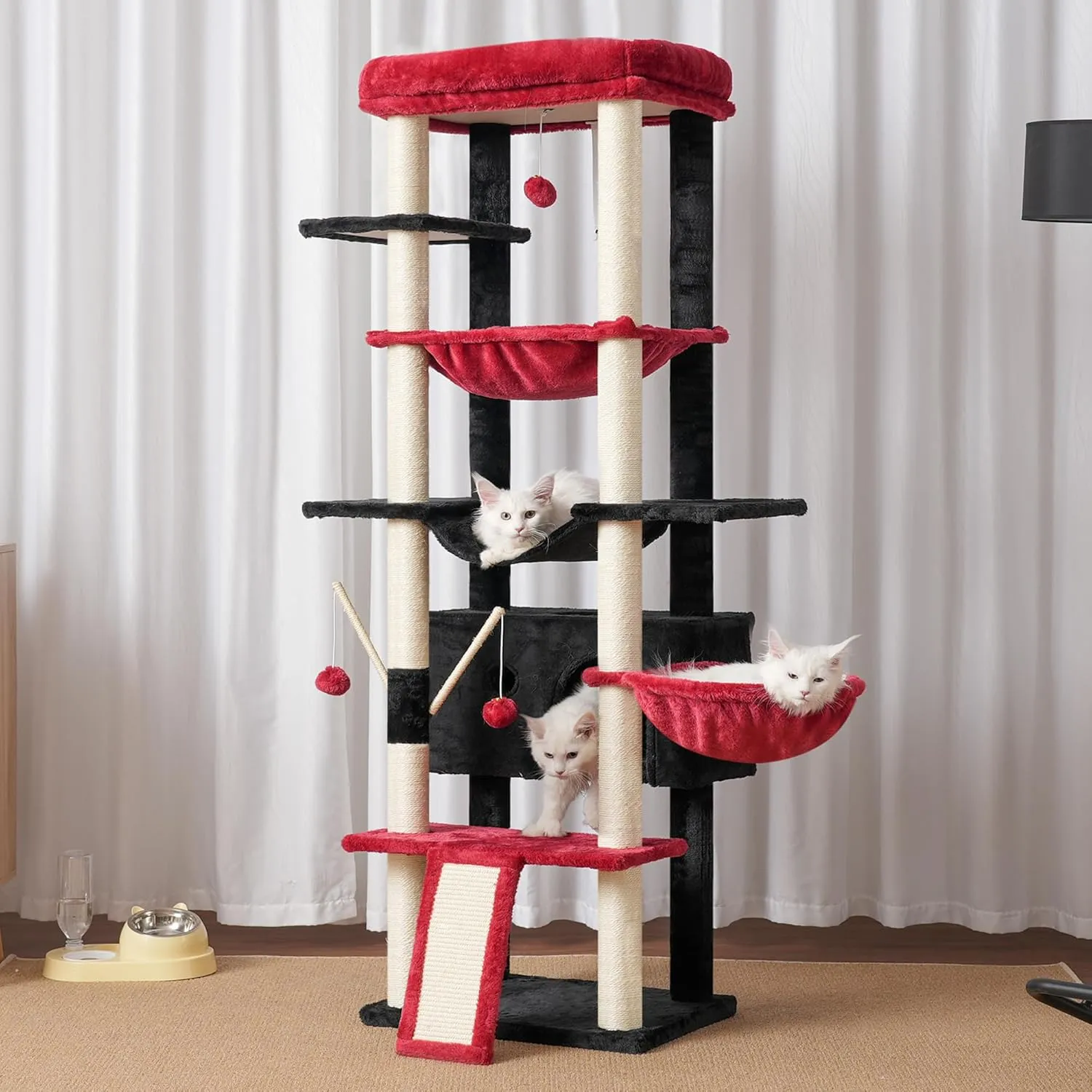 Heybly Cat Tree for Indoor Cats Large Adult with Big Platform, 68.1-inch Tall Cat Tower with Sisal-Covered Scratching Posts, Multi-Level Cat Condo Furniture with Hammocks, Black and Red HCT035BR