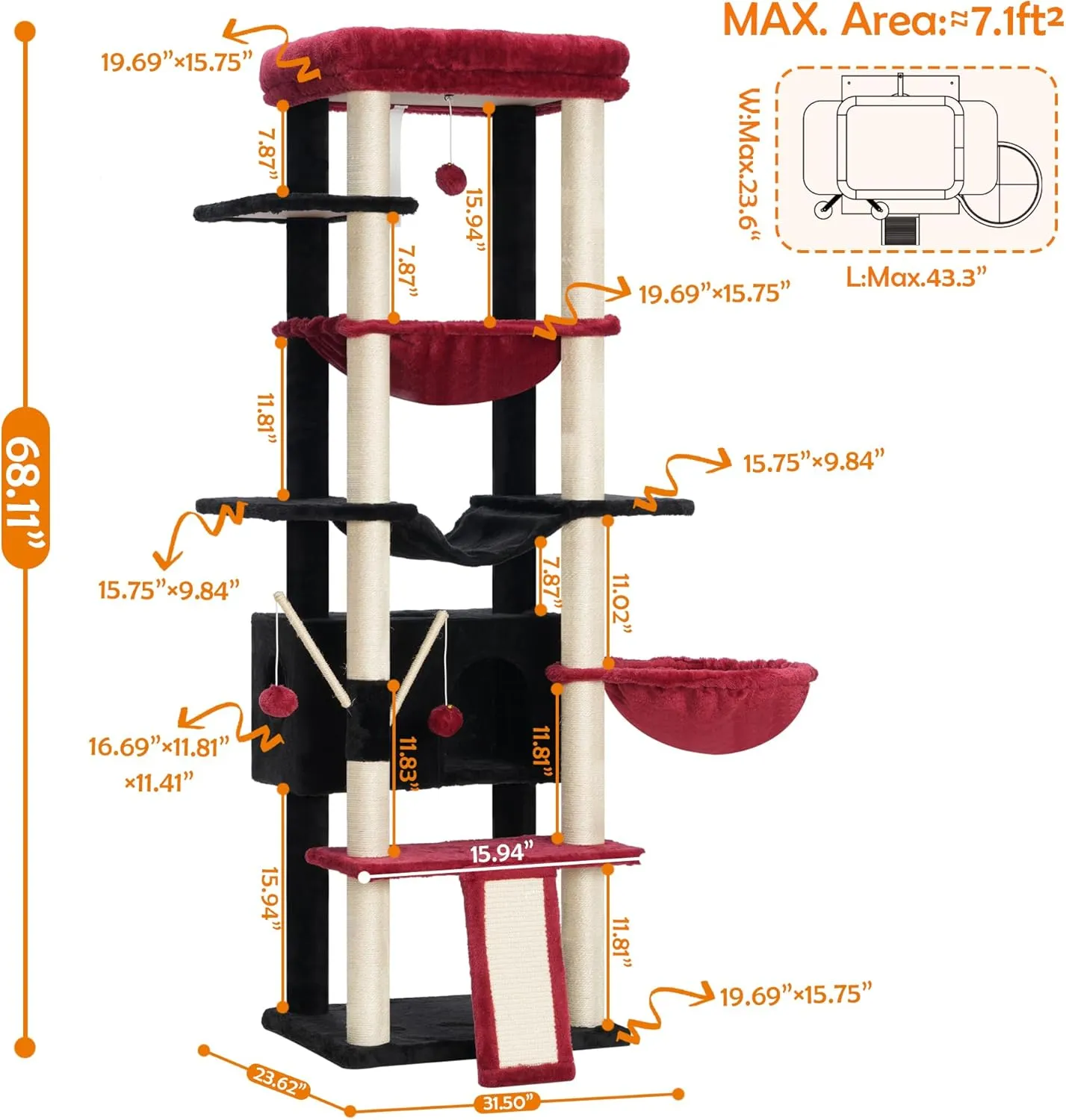 Heybly Cat Tree for Indoor Cats Large Adult with Big Platform, 68.1-inch Tall Cat Tower with Sisal-Covered Scratching Posts, Multi-Level Cat Condo Furniture with Hammocks, Black and Red HCT035BR