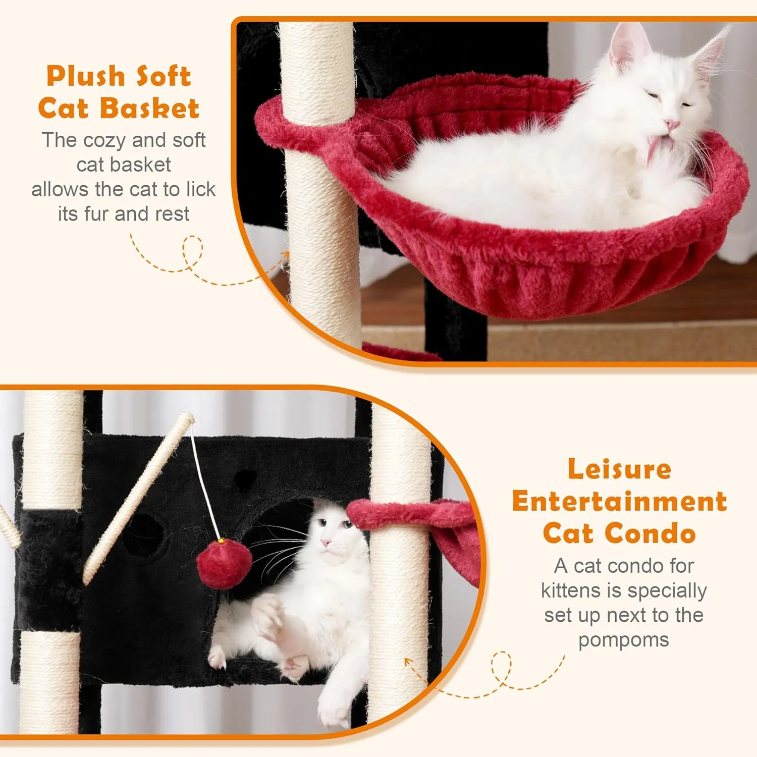 Heybly Cat Tree for Indoor Cats Large Adult with Big Platform, 68.1-inch Tall Cat Tower with Sisal-Covered Scratching Posts, Multi-Level Cat Condo Furniture with Hammocks, Black and Red HCT035BR