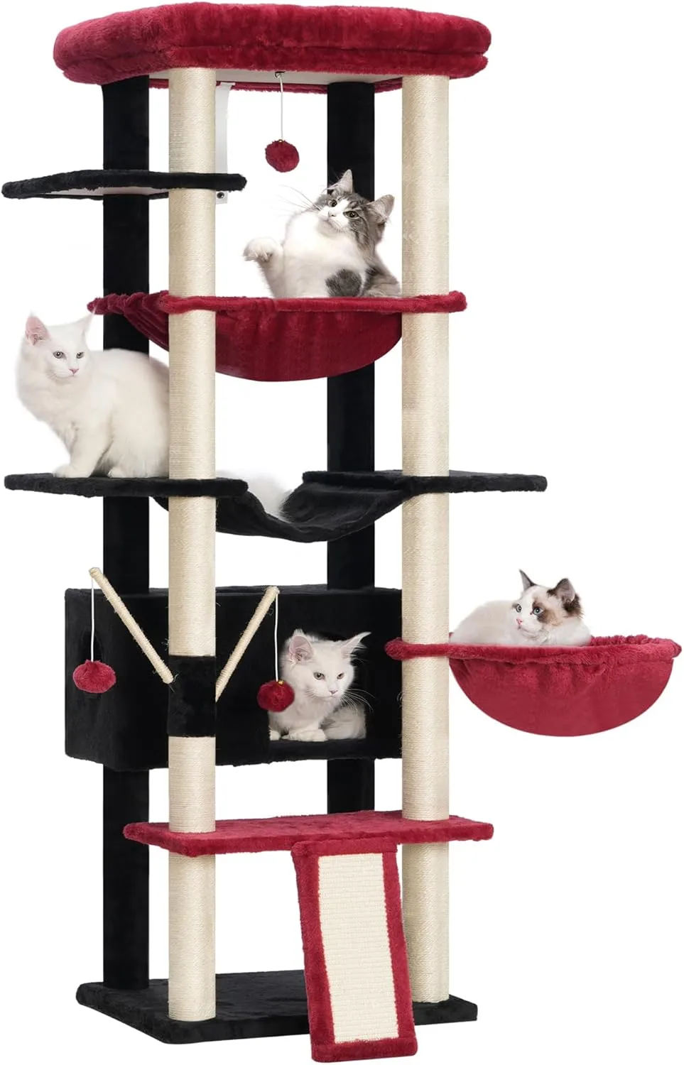 Heybly Cat Tree for Indoor Cats Large Adult with Big Platform, 68.1-inch Tall Cat Tower with Sisal-Covered Scratching Posts, Multi-Level Cat Condo Furniture with Hammocks, Black and Red HCT035BR