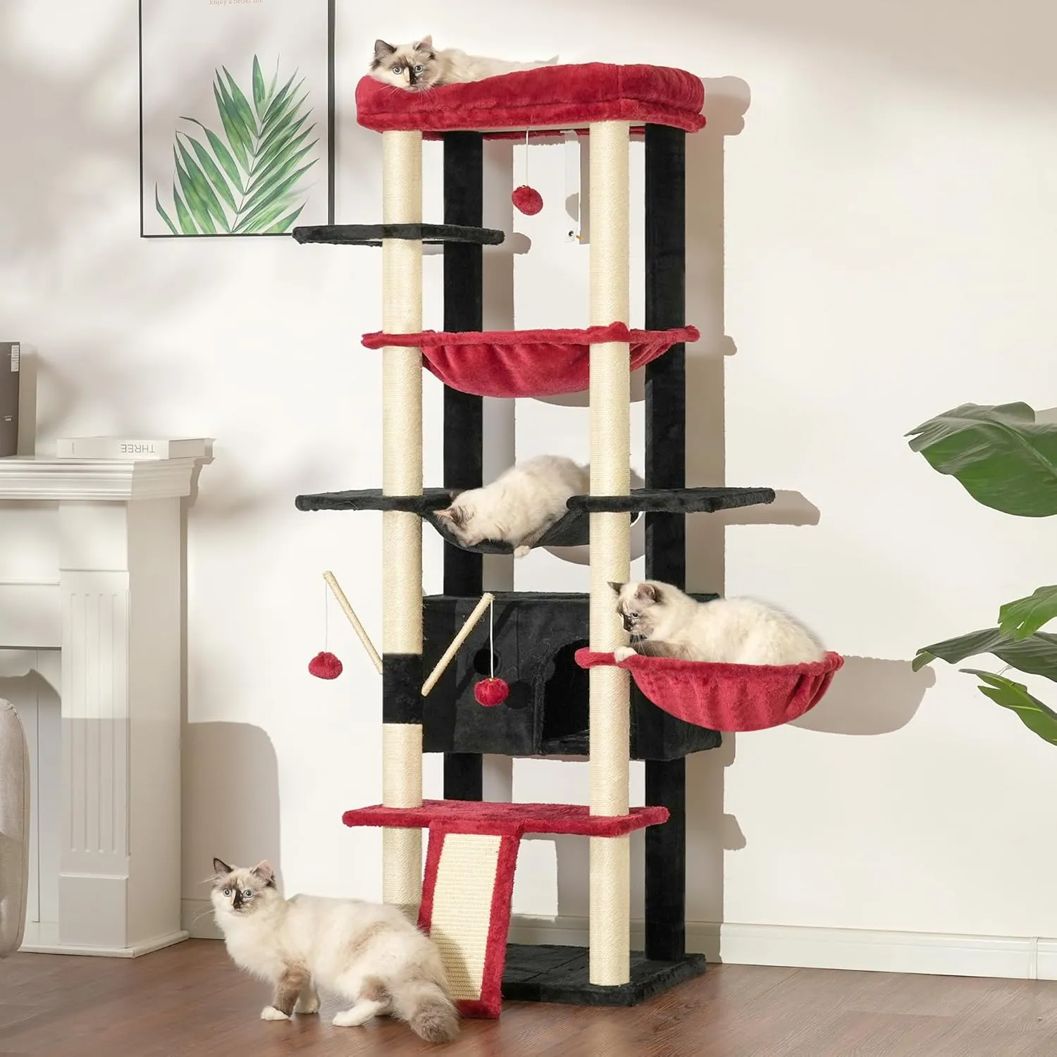 Heybly Cat Tree for Indoor Cats Large Adult with Big Platform, 68.1-inch Tall Cat Tower with Sisal-Covered Scratching Posts, Multi-Level Cat Condo Furniture with Hammocks, Black and Red HCT035BR