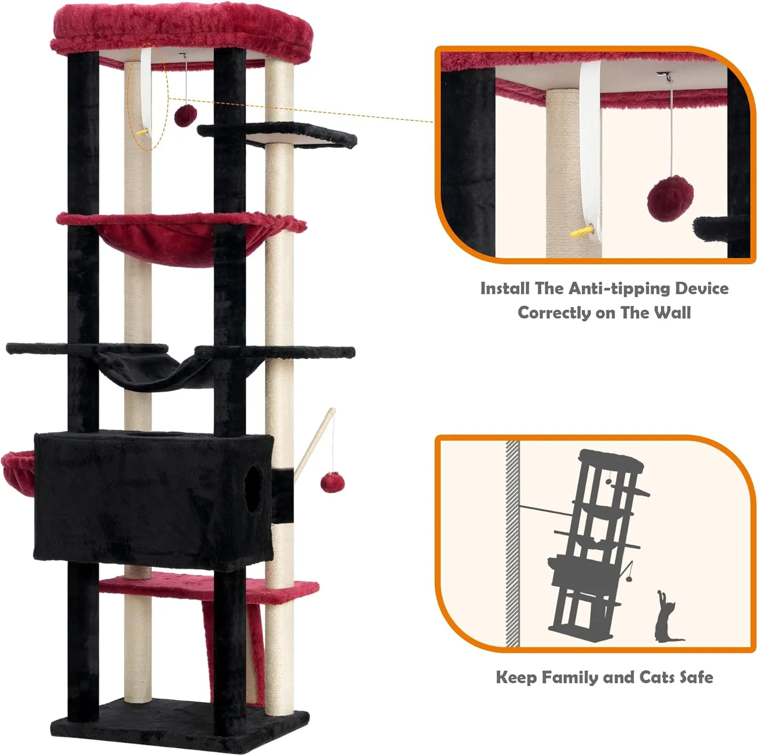 Heybly Cat Tree for Indoor Cats Large Adult with Big Platform, 68.1-inch Tall Cat Tower with Sisal-Covered Scratching Posts, Multi-Level Cat Condo Furniture with Hammocks, Black and Red HCT035BR