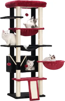 Heybly Cat Tree for Indoor Cats Large Adult with Big Platform, 68.1-inch Tall Cat Tower with Sisal-Covered Scratching Posts, Multi-Level Cat Condo Furniture with Hammocks, Black and Red HCT035BR