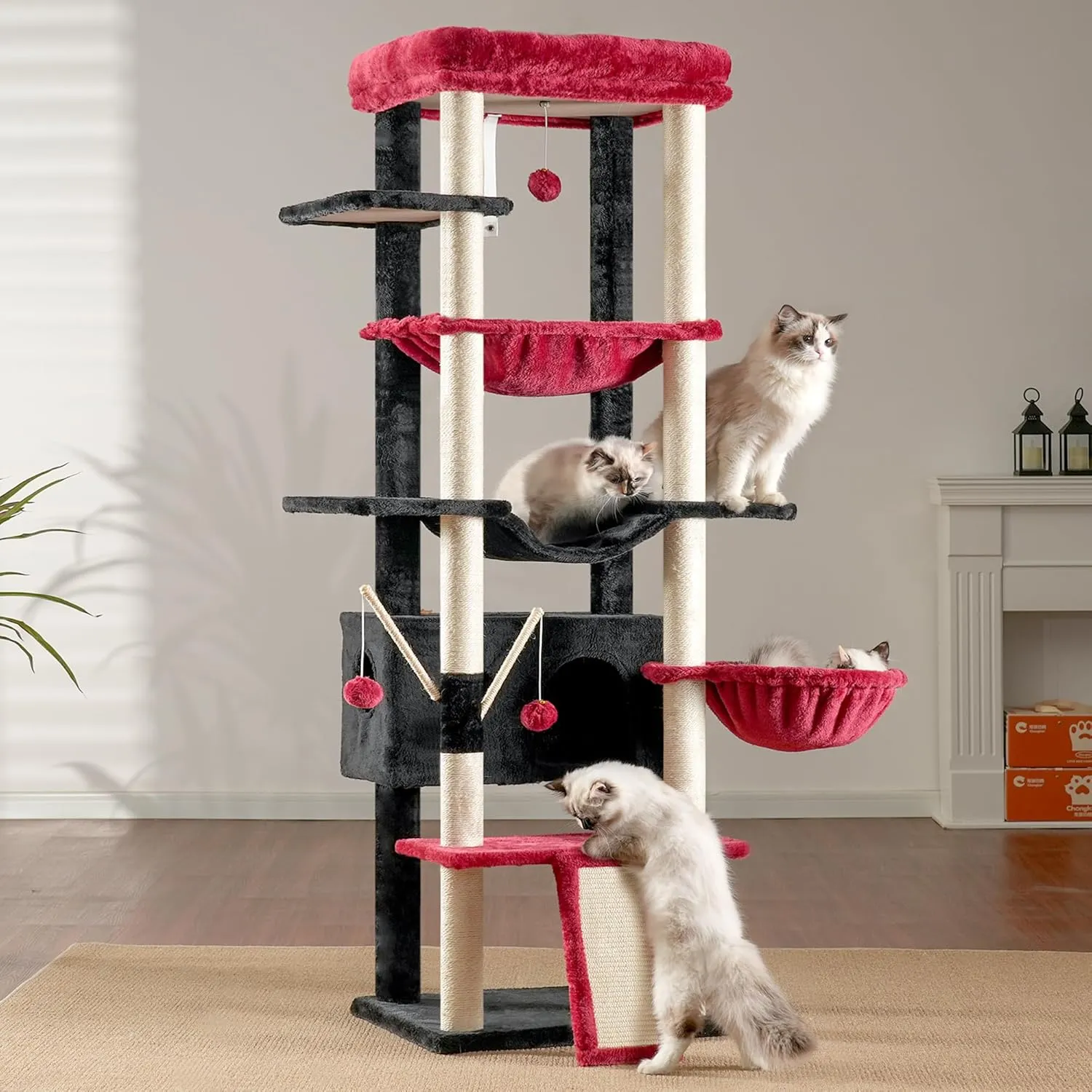 Heybly Cat Tree for Indoor Cats Large Adult with Big Platform, 68.1-inch Tall Cat Tower with Sisal-Covered Scratching Posts, Multi-Level Cat Condo Furniture with Hammocks, Black and Red HCT035BR