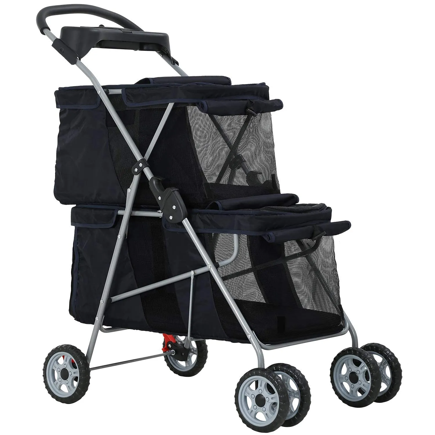 HHS Double Pet Strollers for 2 Dogs and Cats 4 Wheel Doggie Small Medium Pets with Safety Belts Folding Portable Dog Cat Storage Basket Travel Jogger (Black), 30 x 19 40 Inch