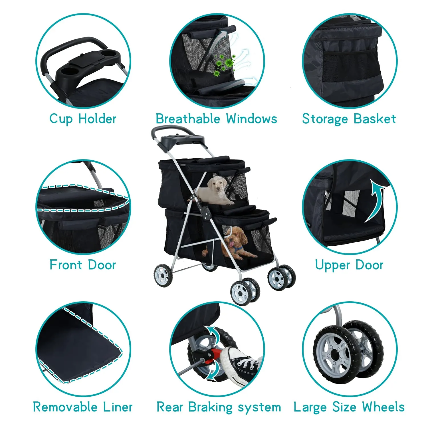 HHS Double Pet Strollers for 2 Dogs and Cats 4 Wheel Doggie Small Medium Pets with Safety Belts Folding Portable Dog Cat Storage Basket Travel Jogger (Black), 30 x 19 40 Inch