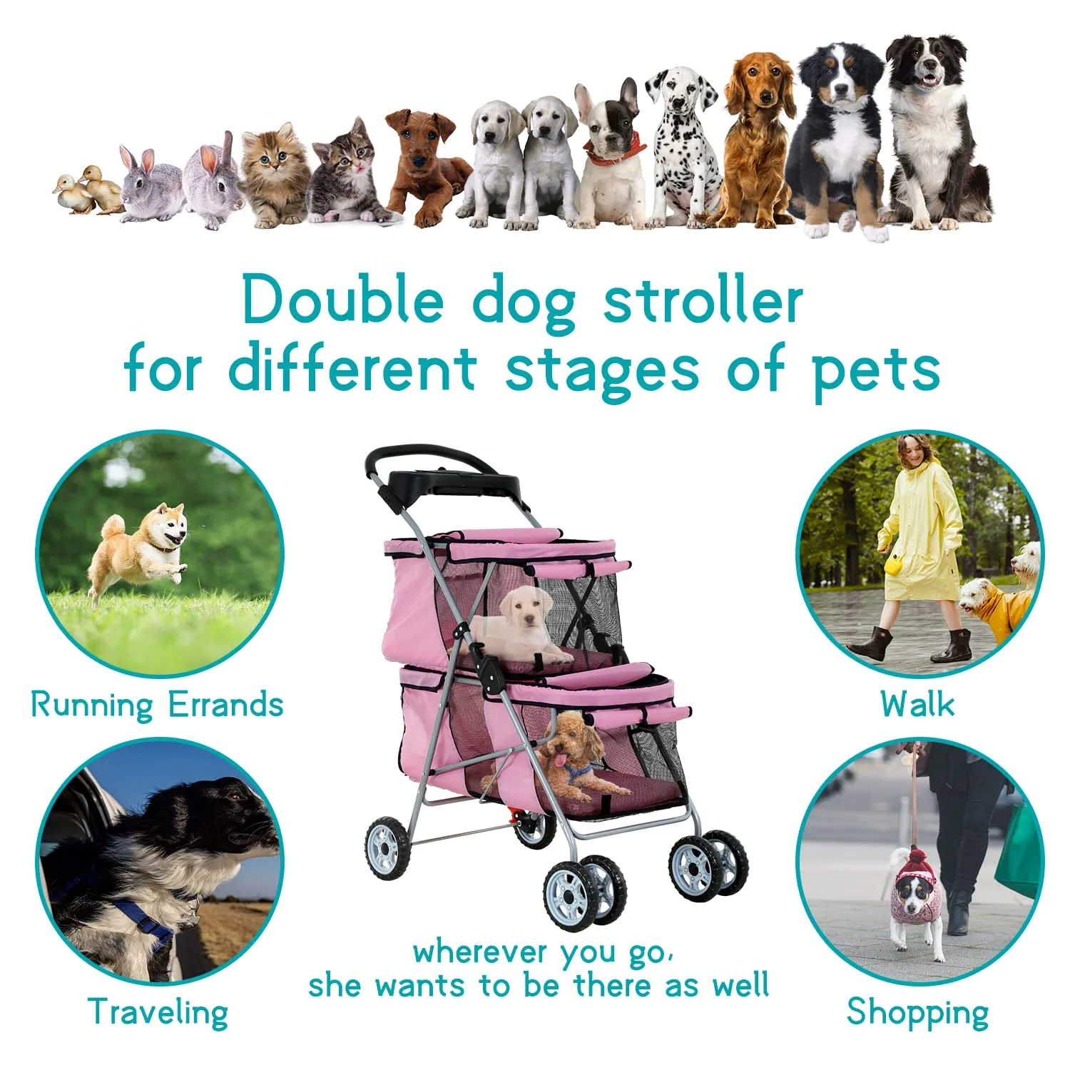 HHS Pet Strollers for 2 Dogs and Cats, Double 4 Wheel Doggie Small Medium Pets with Safety Belts Folding Portable Carriage Cart Storage Basket Travel Jogger, Pink, pinck, 30 x 19 40 Inch