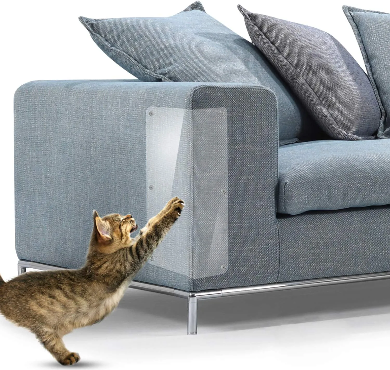 In hand Cat Scratch Furniture, 2PCS Clear Premium Heavy Duty Flexible Vinyl Protector Dog Cat Claw Guards with Pins, Stops Scratching Pets Furniture Protector