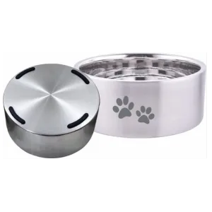 Indipets Brushed Stainless Steel Insulated Bowl With Paw Prints Feeder