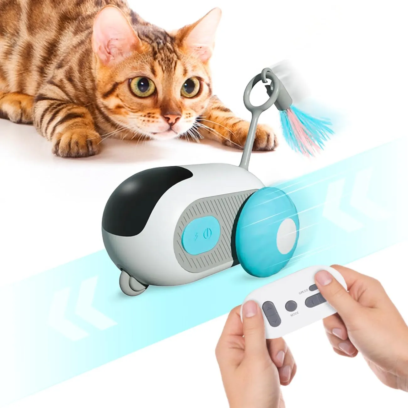 Interactive Cat Toy for Indoor Cats, Automatic Cat Toy, 2 Speed Modes, Cat Mouse Toys, Upgraded Obstacle Avoidance-Remote Control Cat Toy, USB Fast Rechargeable, White & Blue