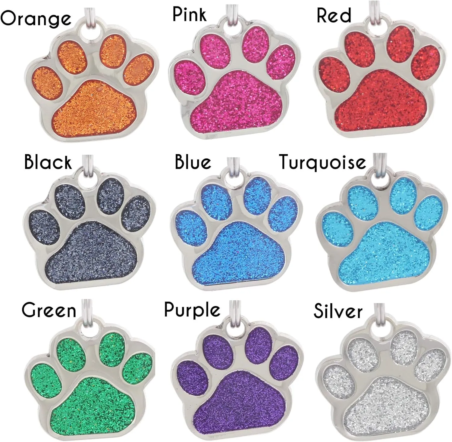 io Tags Pet ID Tags, Personalized Dog Tags and Cat Tags, Custom Engraved, Easy to Read, Cute Glitter Paw Pet Tag (Silver)