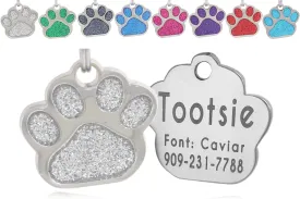 io Tags Pet ID Tags, Personalized Dog Tags and Cat Tags, Custom Engraved, Easy to Read, Cute Glitter Paw Pet Tag (Silver)