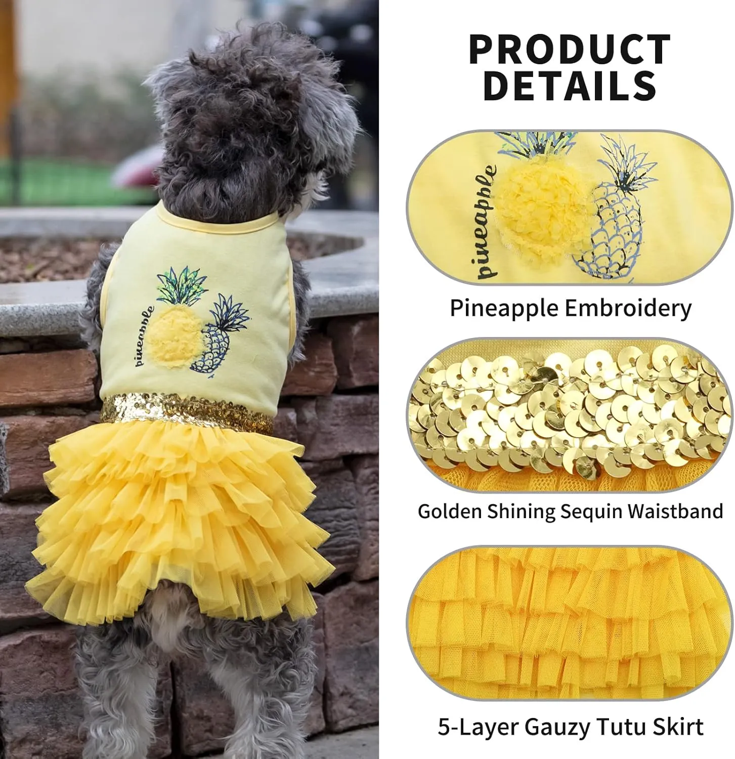 KYEESE Dogs Dress Pineapple Yellow Tiered Dogs Beach Dresses with Sequins Cat Dress Puppy Dress Dog Clothes