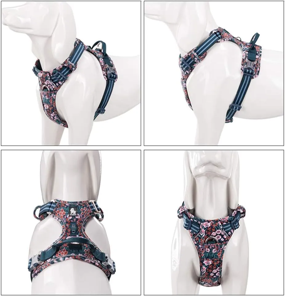 La La Pet No Pull Dog Harness with Front Clip, Reflective Dog Vest Harness with Handle Floral Neoprene Padded Dog Vest for Puppy Small Medium Large Dogs 3 Snap Buckles Easy to Put on & Take Off