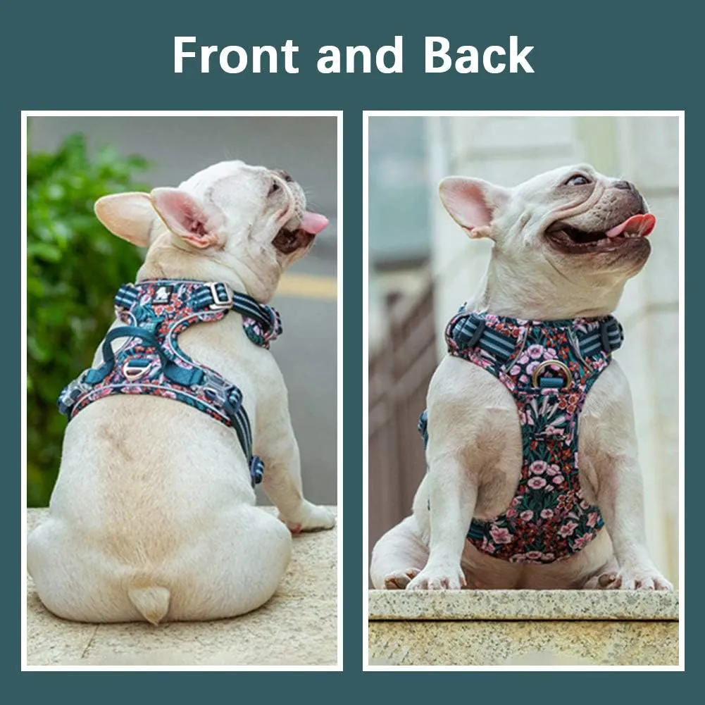 La La Pet No Pull Dog Harness with Front Clip, Reflective Dog Vest Harness with Handle Floral Neoprene Padded Dog Vest for Puppy Small Medium Large Dogs 3 Snap Buckles Easy to Put on & Take Off
