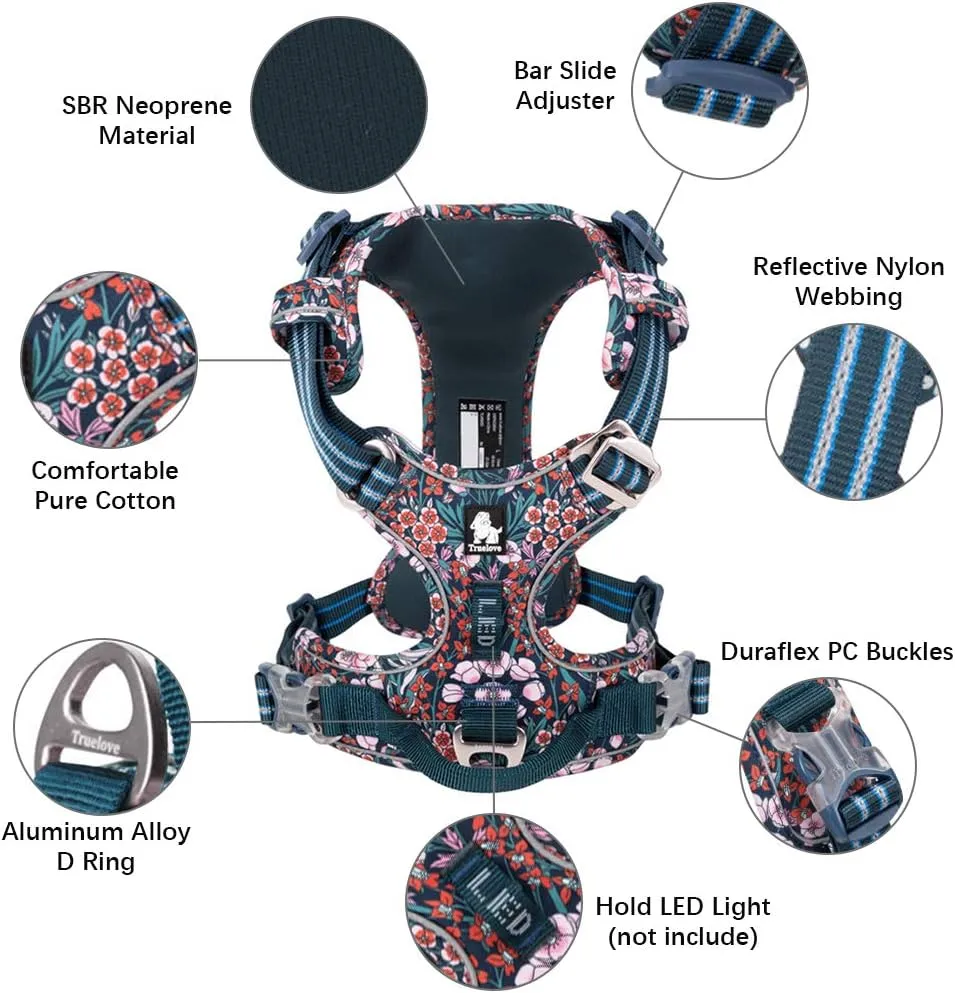La La Pet No Pull Dog Harness with Front Clip, Reflective Dog Vest Harness with Handle Floral Neoprene Padded Dog Vest for Puppy Small Medium Large Dogs 3 Snap Buckles Easy to Put on & Take Off