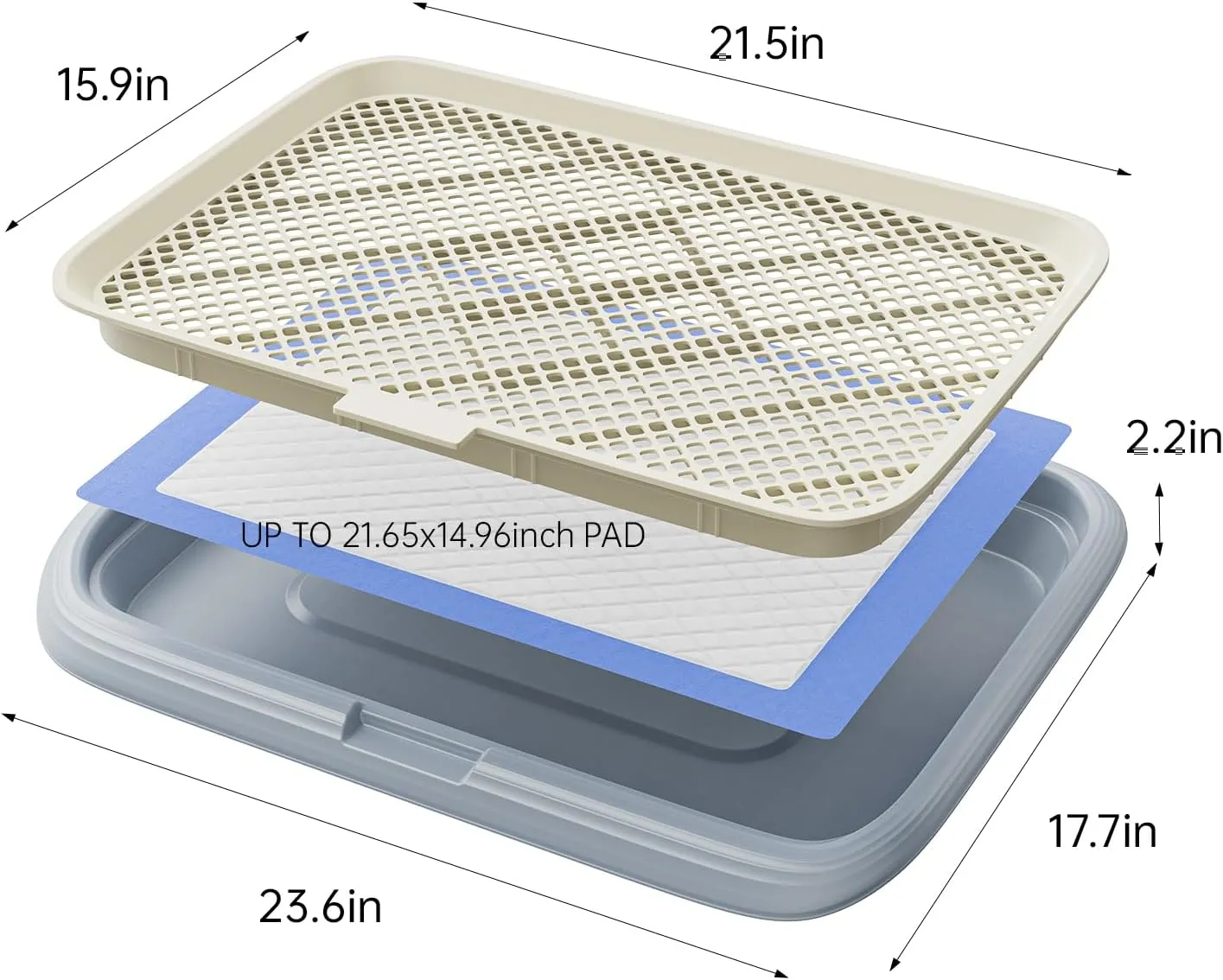 Large 23.6"x17.7" Dog Potty Tray, Indoor Pet Pee Pad Holder with Mesh Floor,Bathroom Dog Litter Box, Pet Toilet (Gray)