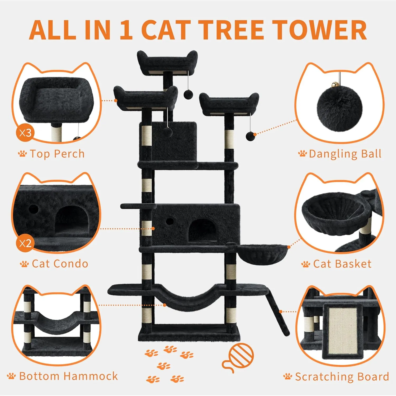 Large Multi-Level Cat Tree 68.5 Inches Heavy Duty Cat Tower for Indoor Large Cats 20 lbs  with Condo/Plush Perches/Sisal Scratching Posts/Hammocks/Basket/Dangling Ball/Platform, #2604-Dark Grey