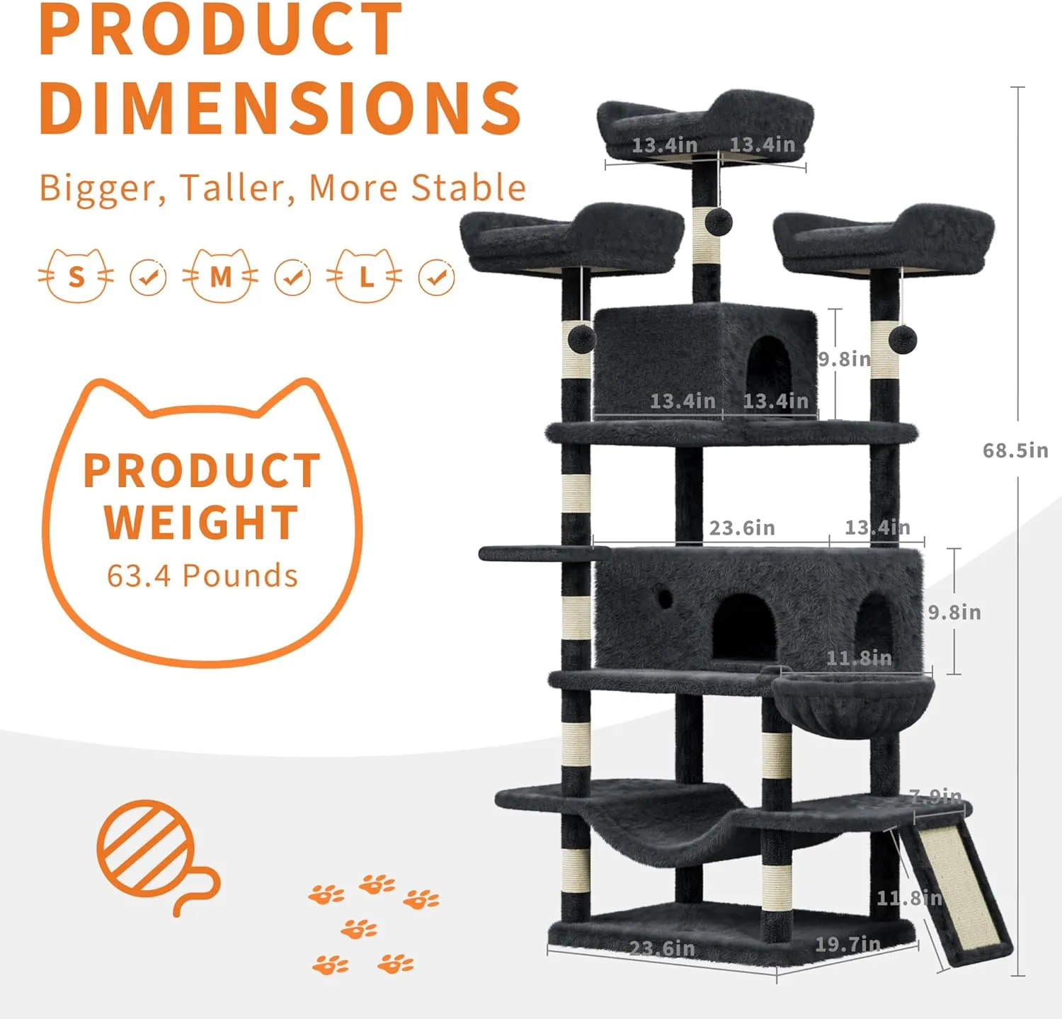 Large Multi-Level Cat Tree 68.5 Inches Heavy Duty Cat Tower for Indoor Large Cats 20 lbs  with Condo/Plush Perches/Sisal Scratching Posts/Hammocks/Basket/Dangling Ball/Platform, #2604-Dark Grey