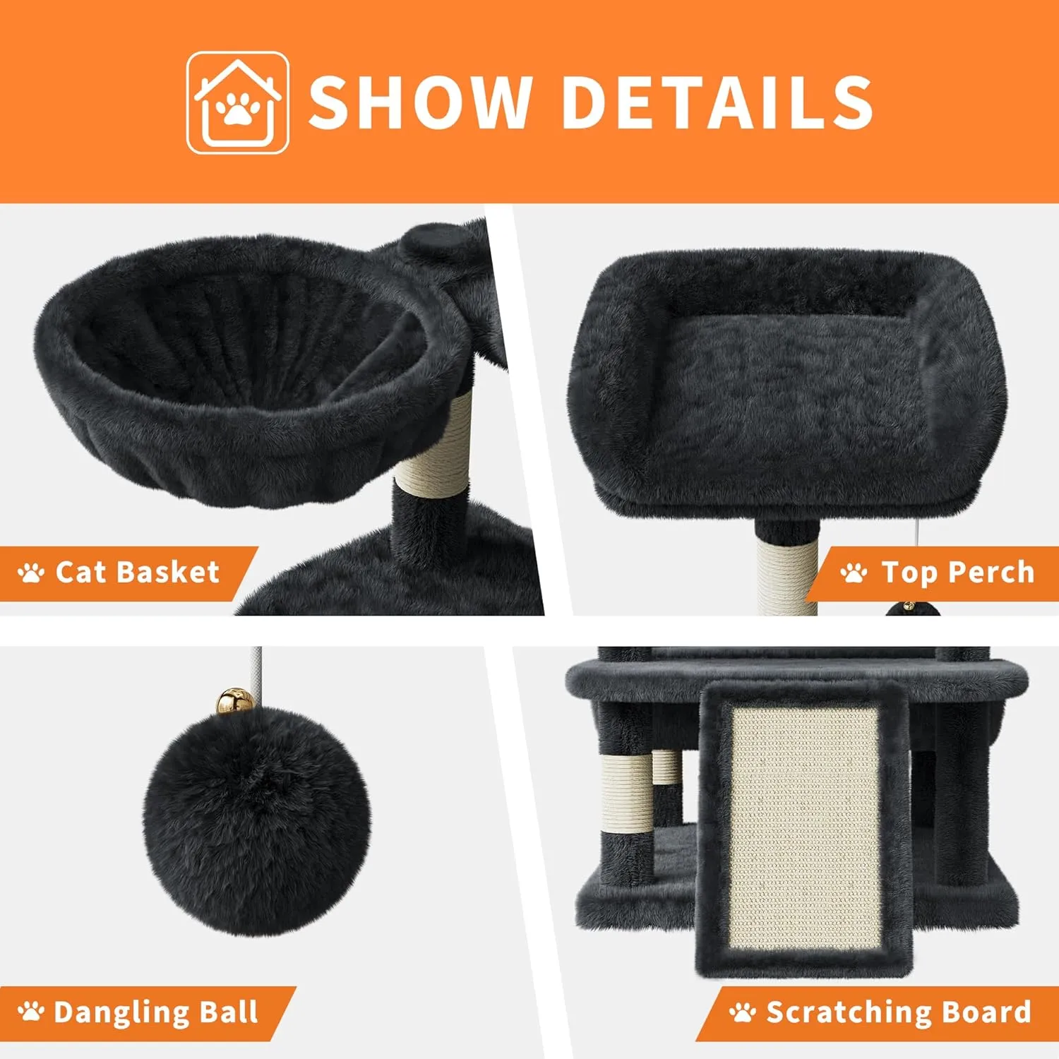 Large Multi-Level Cat Tree 68.5 Inches Heavy Duty Cat Tower for Indoor Large Cats 20 lbs  with Condo/Plush Perches/Sisal Scratching Posts/Hammocks/Basket/Dangling Ball/Platform, #2604-Dark Grey