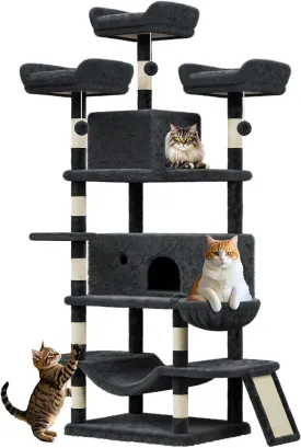 Large Multi-Level Cat Tree 68.5 Inches Heavy Duty Cat Tower for Indoor Large Cats 20 lbs  with Condo/Plush Perches/Sisal Scratching Posts/Hammocks/Basket/Dangling Ball/Platform, #2604-Dark Grey