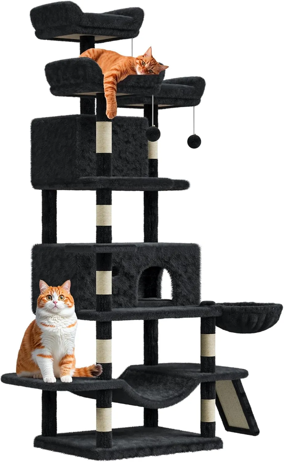 Large Multi-Level Cat Tree 68.5 Inches Heavy Duty Cat Tower for Indoor Large Cats 20 lbs  with Condo/Plush Perches/Sisal Scratching Posts/Hammocks/Basket/Dangling Ball/Platform, #2604-Dark Grey