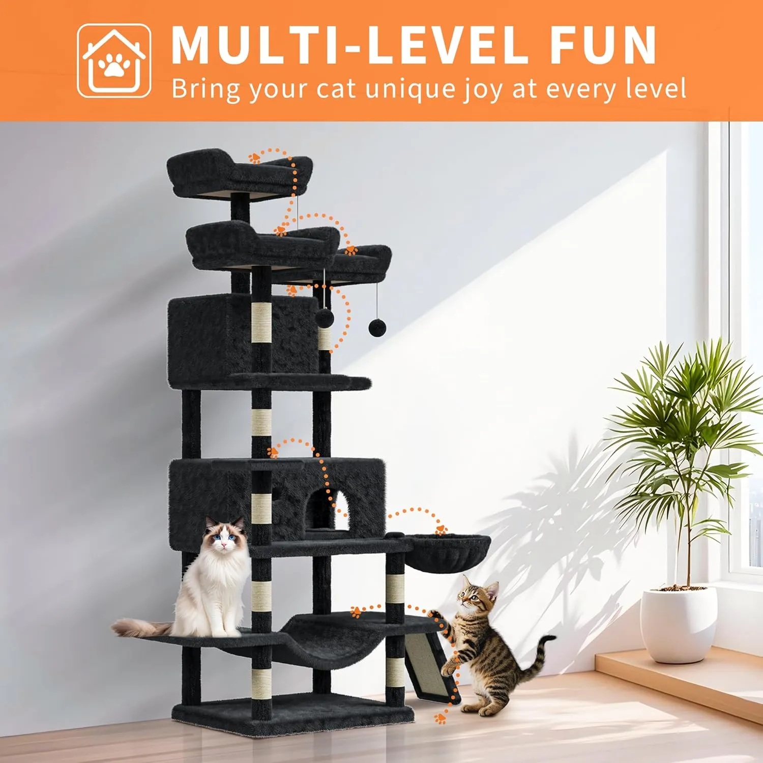 Large Multi-Level Cat Tree 68.5 Inches Heavy Duty Cat Tower for Indoor Large Cats 20 lbs  with Condo/Plush Perches/Sisal Scratching Posts/Hammocks/Basket/Dangling Ball/Platform, #2604-Dark Grey