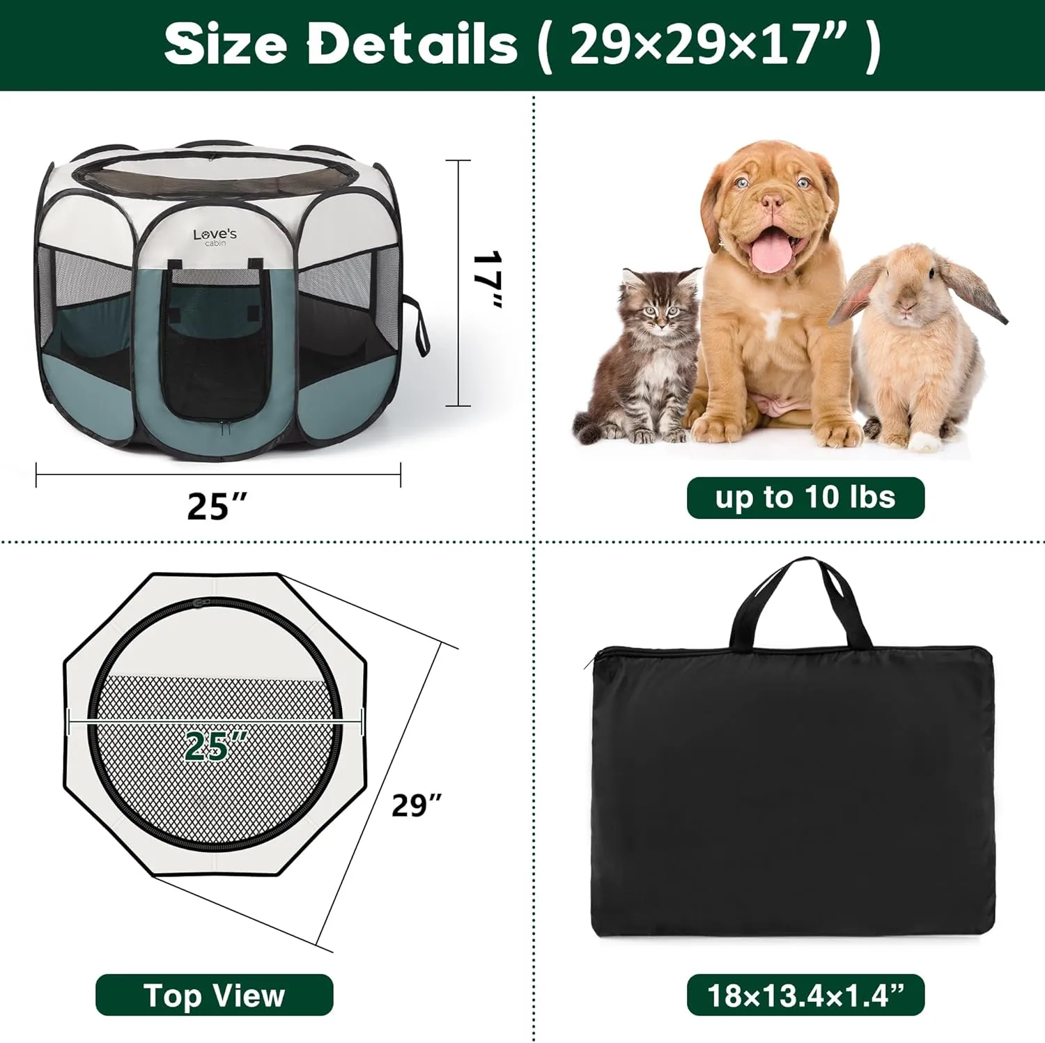 Love's cabin Pet Puppy Dog Playpen, Small Dog Tent Crates Cage Indoor/Outdoor, Portable Playpen for Cat, Foldable Pop Up Dog Kennel Playpen with Carring Case, Removable Zipper Top, Moss Green