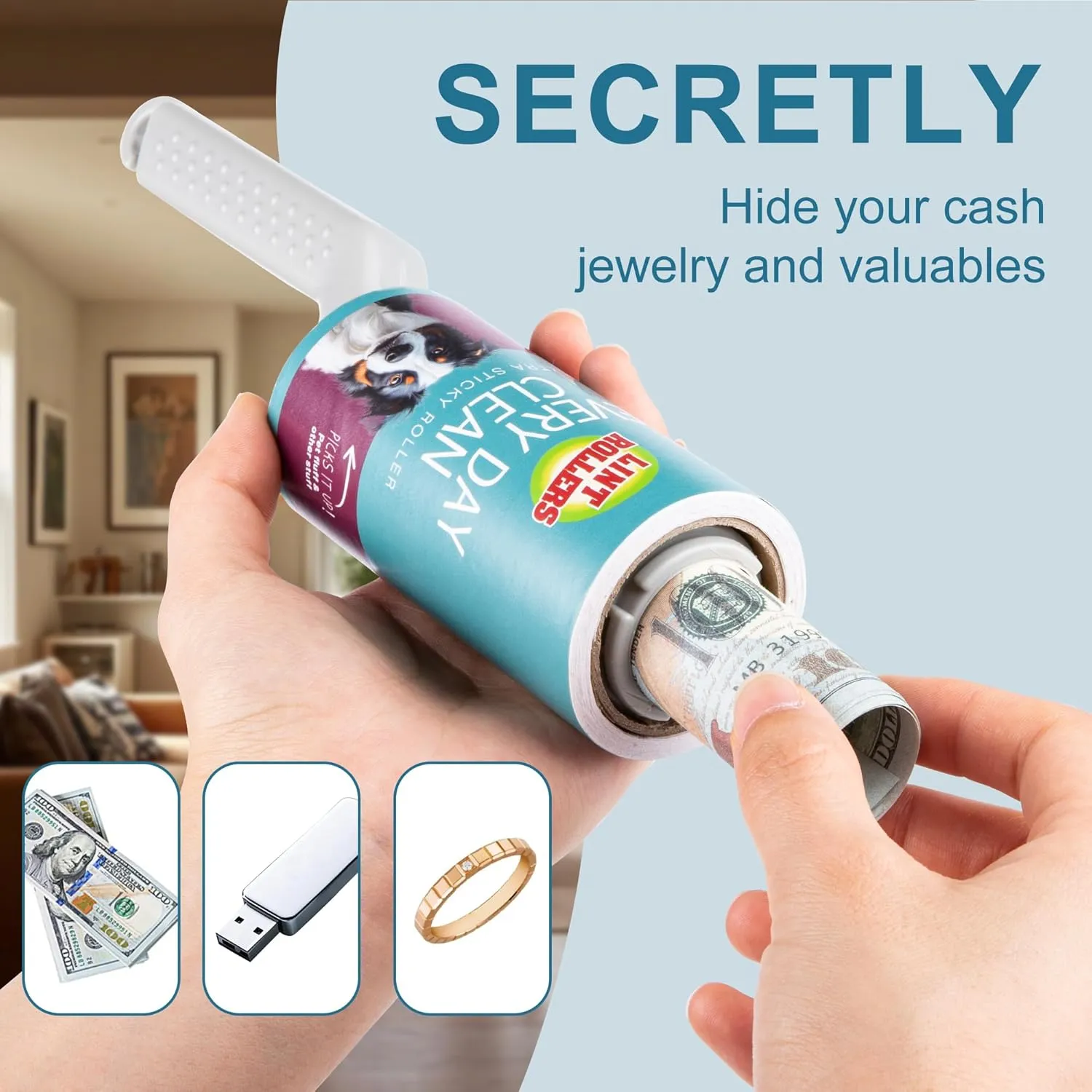 Meejune Lint Roller with Hidden Storage Compartment - Diversion Safe for Keys, Cash & Jewelry - Portable Secret Safe for Home and Travel Use - Blue