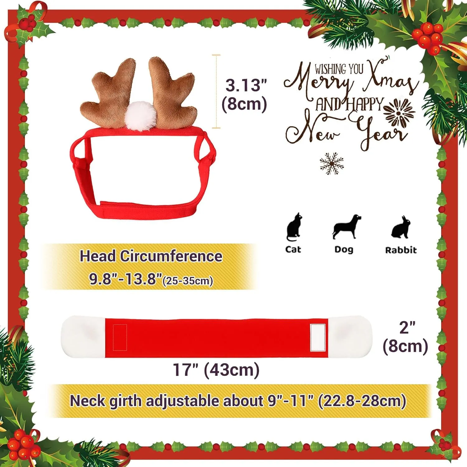 NAMSAN Christmas Cat Reindeer Costume, Xmas Deer Antler Headband with Red Scarf for Small Dogs Cats, Santa Claus Reindeer and Scarves Outfit