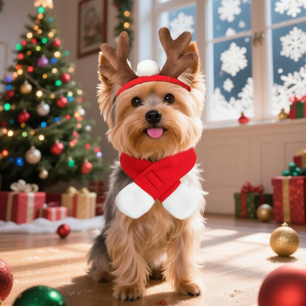 NAMSAN Christmas Cat Reindeer Costume, Xmas Deer Antler Headband with Red Scarf for Small Dogs Cats, Santa Claus Reindeer and Scarves Outfit
