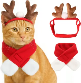 NAMSAN Christmas Cat Reindeer Costume, Xmas Deer Antler Headband with Red Scarf for Small Dogs Cats, Santa Claus Reindeer and Scarves Outfit