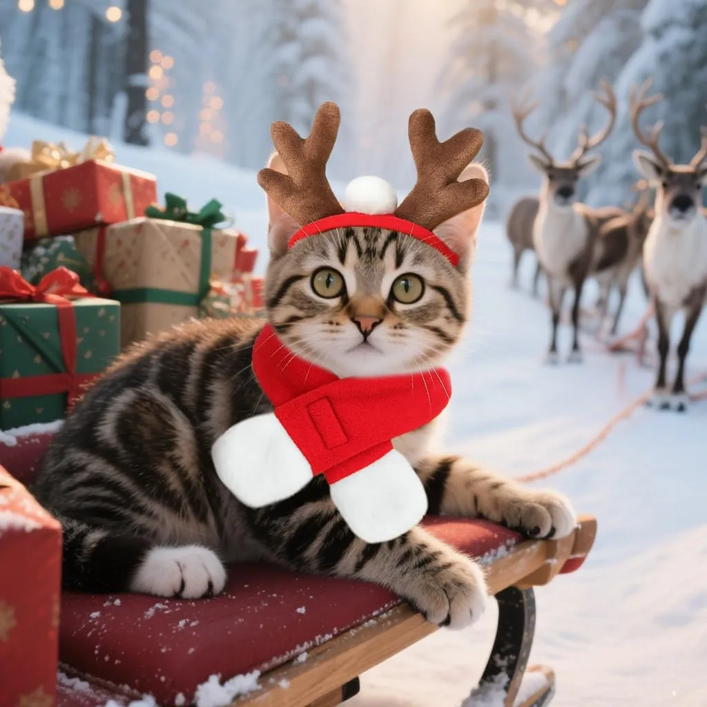 NAMSAN Christmas Cat Reindeer Costume, Xmas Deer Antler Headband with Red Scarf for Small Dogs Cats, Santa Claus Reindeer and Scarves Outfit