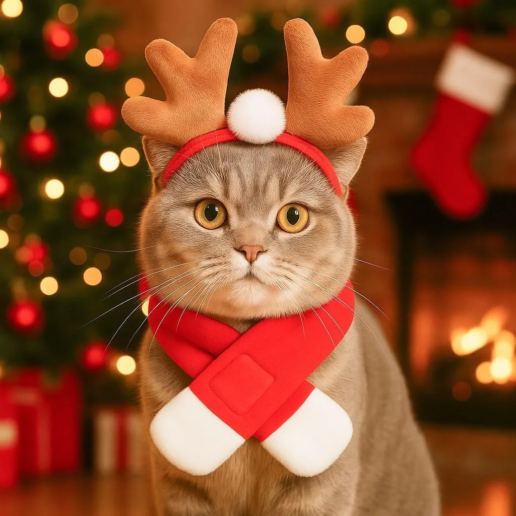 NAMSAN Christmas Cat Reindeer Costume, Xmas Deer Antler Headband with Red Scarf for Small Dogs Cats, Santa Claus Reindeer and Scarves Outfit