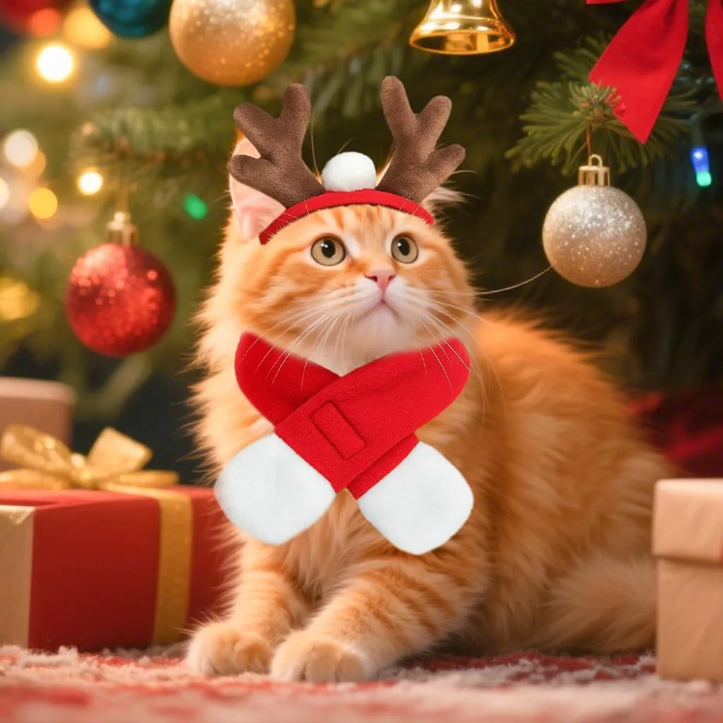 NAMSAN Christmas Cat Reindeer Costume, Xmas Deer Antler Headband with Red Scarf for Small Dogs Cats, Santa Claus Reindeer and Scarves Outfit
