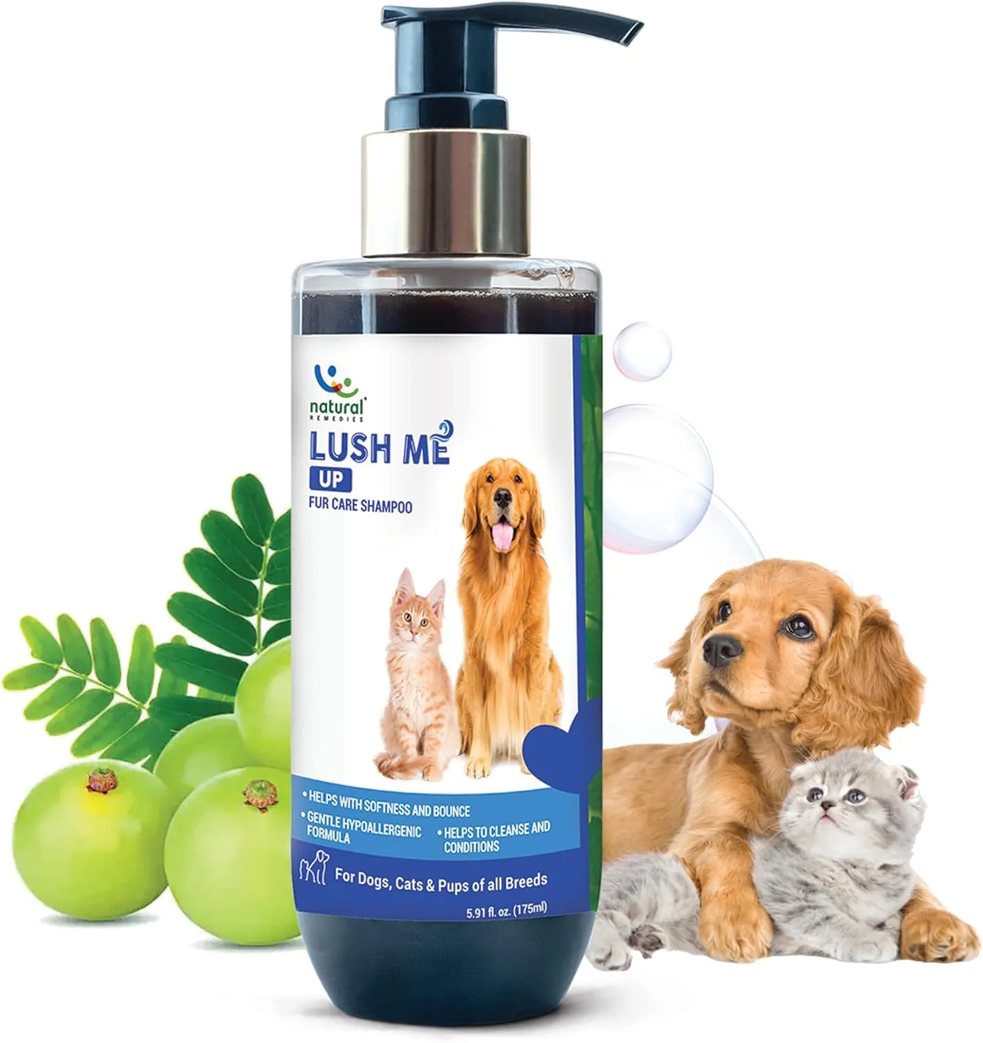 Natural Remedies Lush me Up Dog Shampoo and Coat Wash for Hydrating, Cleansing and Shine - Cat Shampoo - 100% Hypoallergenic - Suitable for All breeds - Softens and Bounces - Paraben Free, 5.91 fl.Oz.