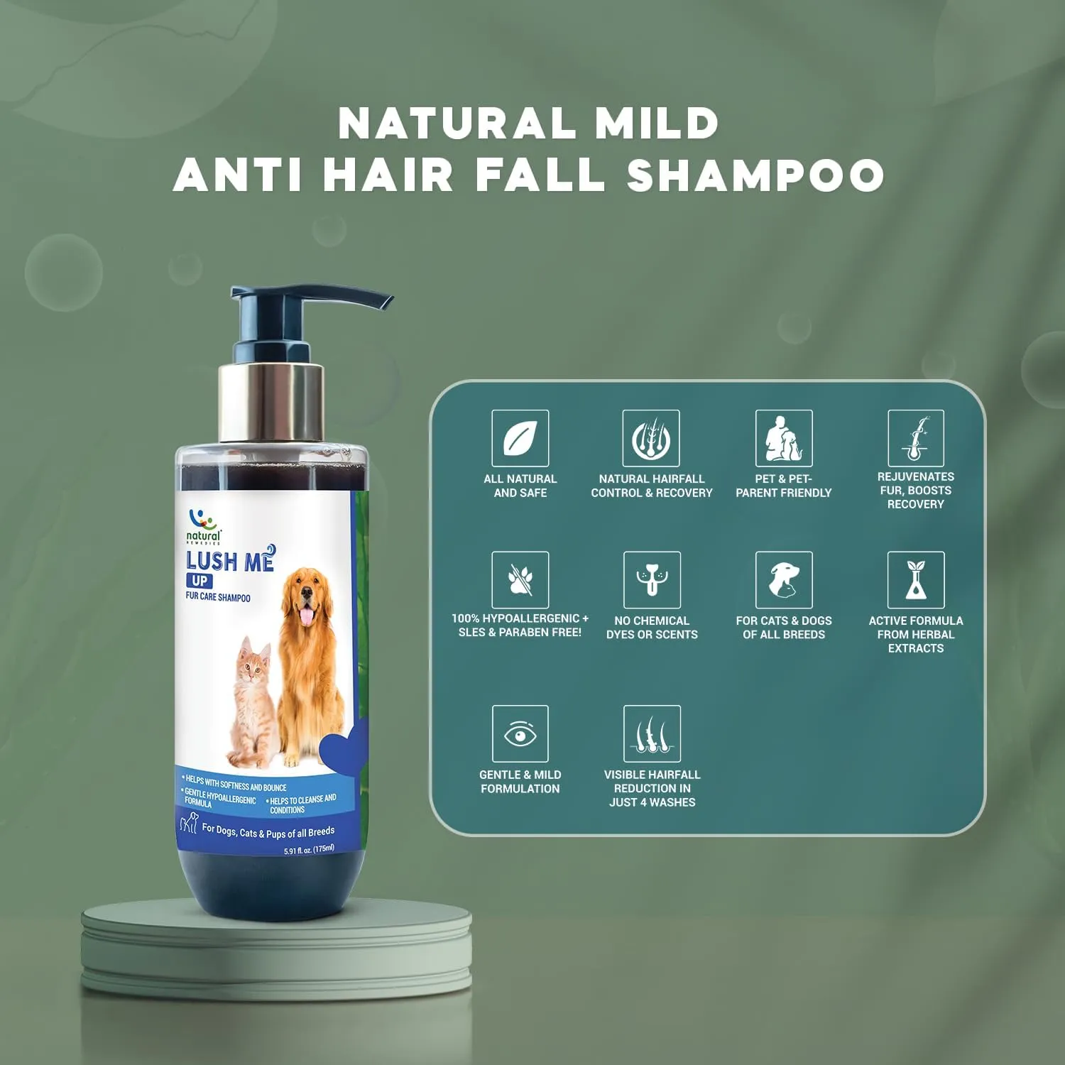 Natural Remedies Lush me Up Dog Shampoo and Coat Wash for Hydrating, Cleansing and Shine - Cat Shampoo - 100% Hypoallergenic - Suitable for All breeds - Softens and Bounces - Paraben Free, 5.91 fl.Oz.