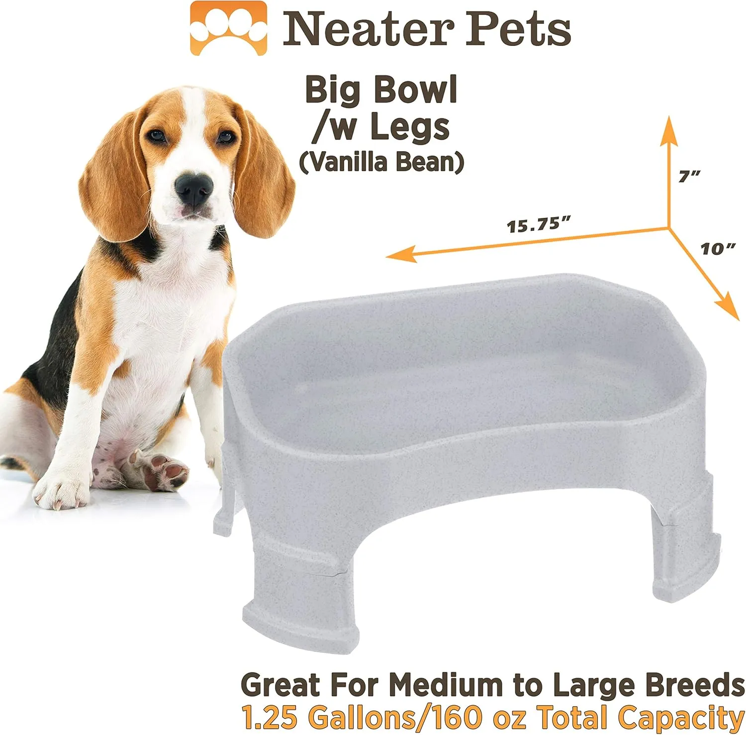 Neater Pet Brands Big Bowl with Leg Extensions Huge Jumbo Trough Style Dog Pet Water Dish (1.25 Gallons, Vanilla Bean)