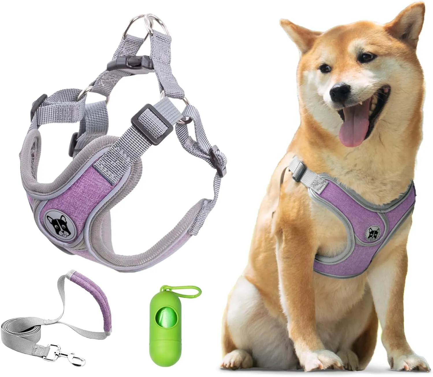 Patas Lague Dog Harness with Leash Set for Small Medium Dogs, No Pull No Choke Reflective Step in X Head Pet Harness Vest with Poop Bags and Dispenser, Adjustable and Padded, Purple Small