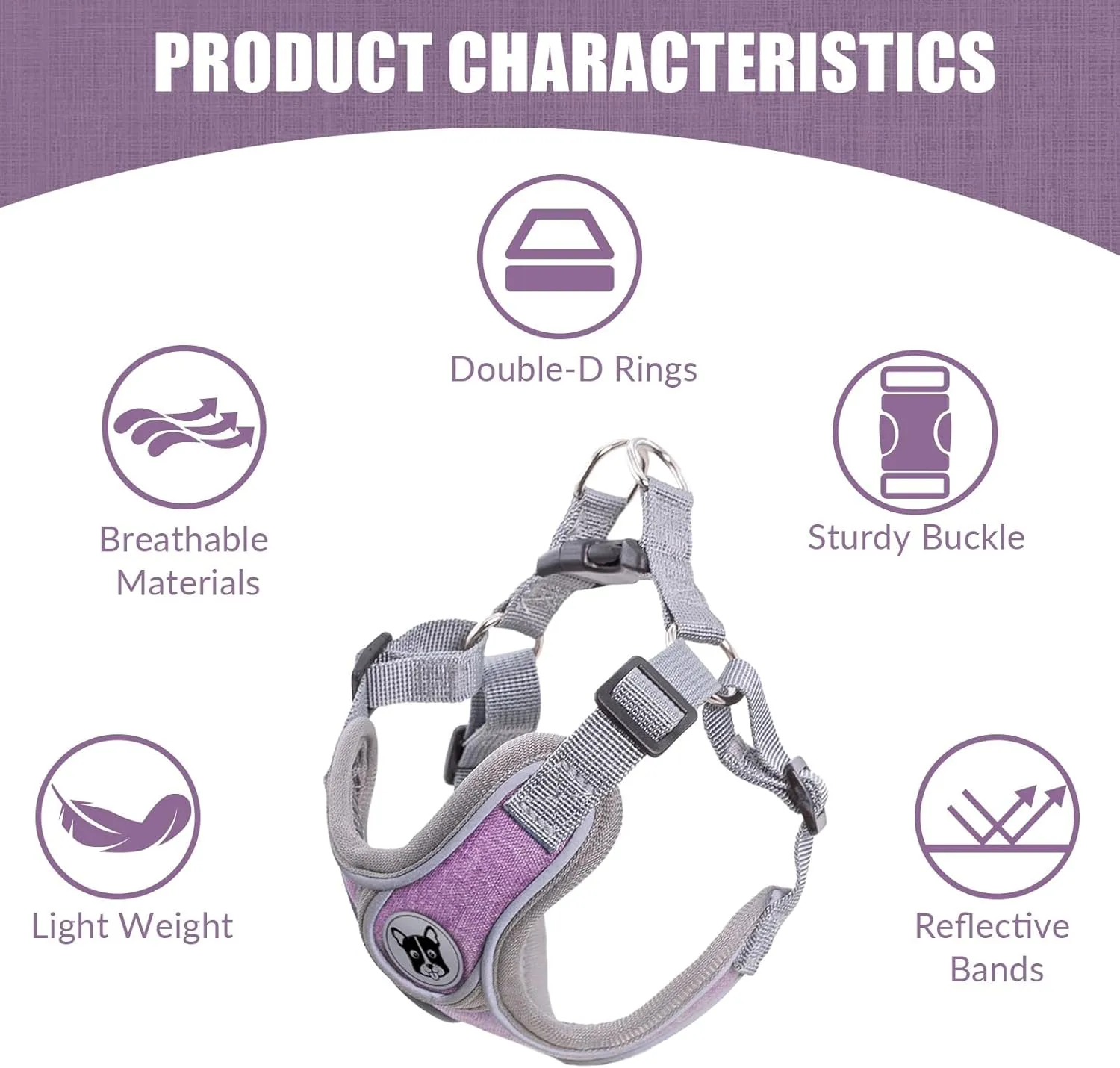 Patas Lague Dog Harness with Leash Set for Small Medium Dogs, No Pull No Choke Reflective Step in X Head Pet Harness Vest with Poop Bags and Dispenser, Adjustable and Padded, Purple Small
