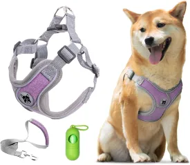 Patas Lague Dog Harness with Leash Set for Small Medium Dogs, No Pull No Choke Reflective Step in X Head Pet Harness Vest with Poop Bags and Dispenser, Adjustable and Padded, Purple Small