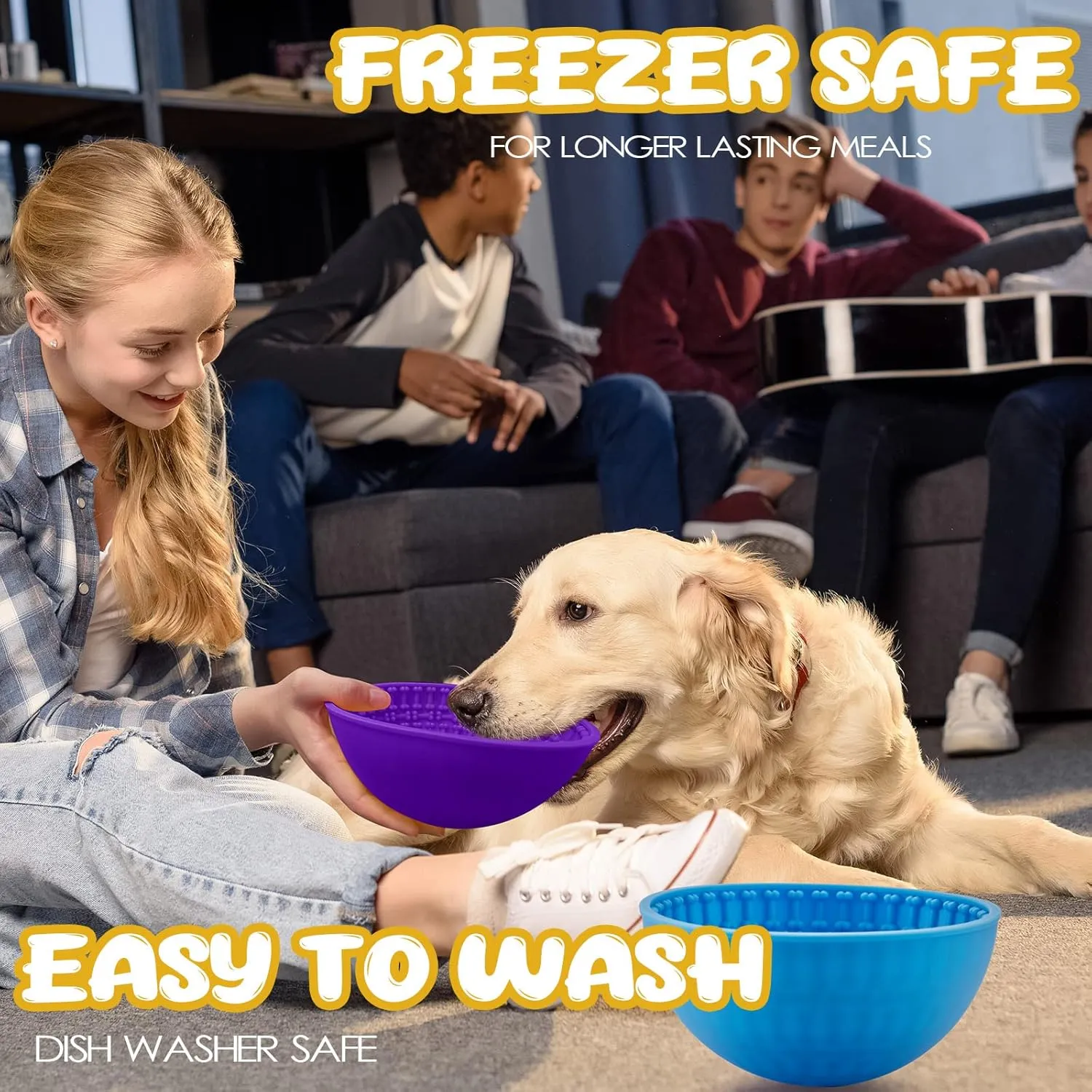 Patelai 2 Pcs Dog Enrichment Lick Bowls Silicone Freeze Bowls Interactive Cat Licking Mats Slow Feeders for Pet Oral Health Boredom Anxiety Relief, Wobble or Stay Put(Blue, Purple,Bone)