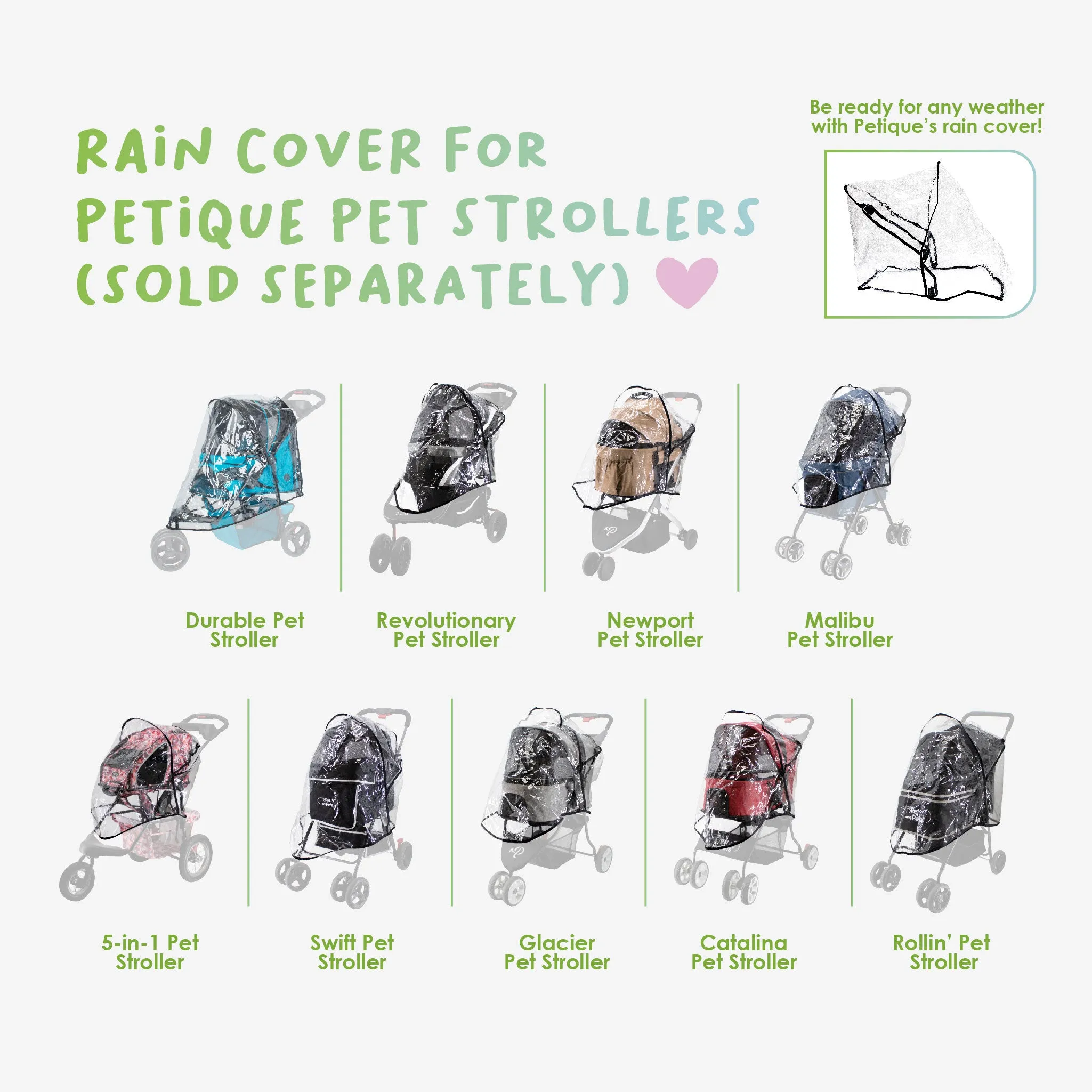 Pet Stroller Rain Cover ONLY, Weather Protection Snow/Rain/Wind Cover for Dog/Cat/Pet Stroller with Ventilation, Foldable, Clear, One Size (COMPATIBLE WITH PETIQUE STROLLERS ONLY)