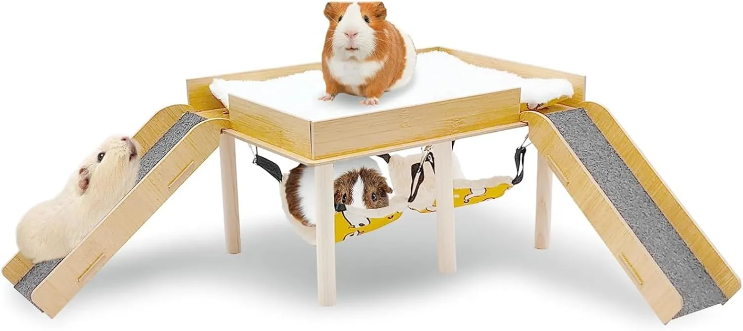 PINVNBY Guinea Pig Hideout, Mouse House with Stairs, Ramp, Mat and Hammock, Large Wooden Guinea Pig Castle Hamster Hideouts for Small Animals Guinea Pigs Hamsters Mouse Rabbit Bunny Chinchillas