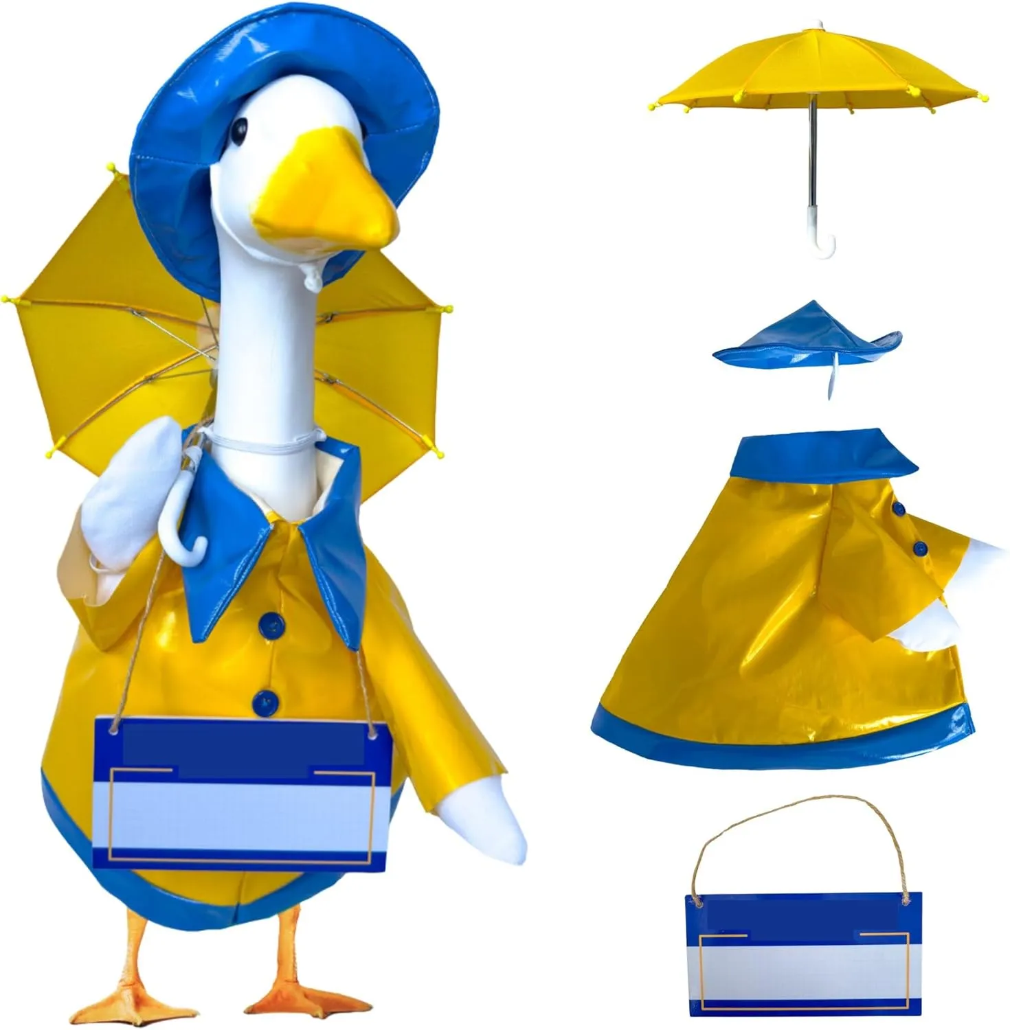 Porch Goose Outfit Raincoat and Personalized Name Sign- Dress Up Your 23in Plastic or Concrete Goose Statue with Funny Costumes and Summer Outfits, Garden Decor Duck Clothes for Outdoor Statues