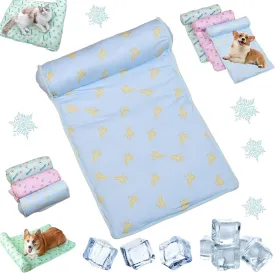 RJDJ Cats/Dogs Cooling Bed, Ice Silk Cool Pillow Cushion, Pet Ice Pad Mat, Pet Cooling Ice Mat, Washable Breathable Summer Pet Ice Mat Sleeping Pad with Pillow (Blue, 60 * 40cm)