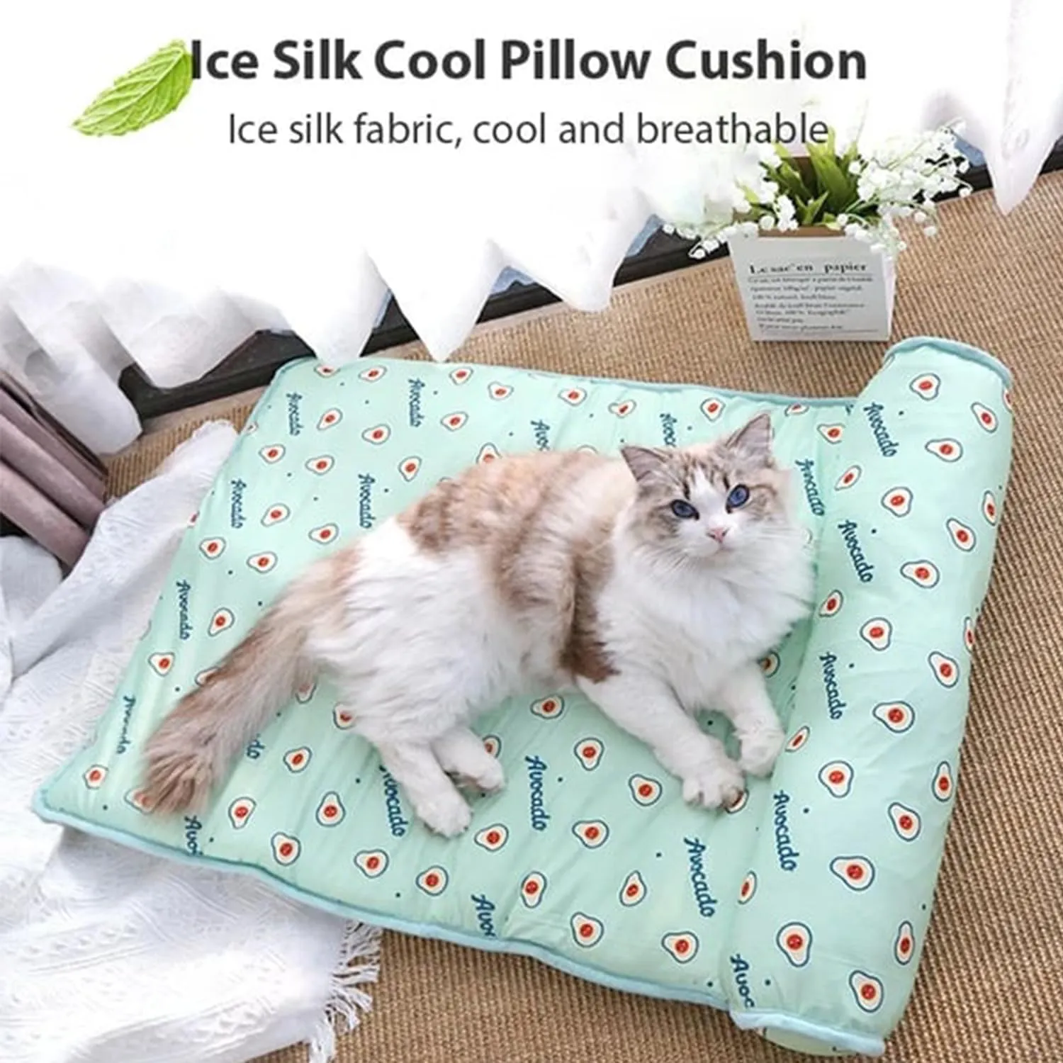 RJDJ Cats/Dogs Cooling Bed, Ice Silk Cool Pillow Cushion, Pet Ice Pad Mat, Pet Cooling Ice Mat, Washable Breathable Summer Pet Ice Mat Sleeping Pad with Pillow (Blue, 60 * 40cm)