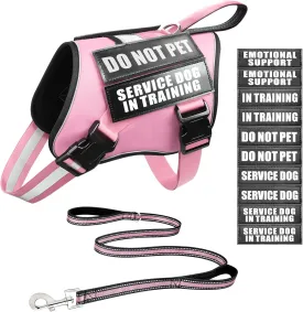 Service Dog Vest Harness and Leash Set 10 Patches,No Pull&Easy Walk Reflective Dog Harness with Soft Padded Handle for Training/Everyday,Fit Small/Medium/Large/Extra-Large Dogs(Pink S)