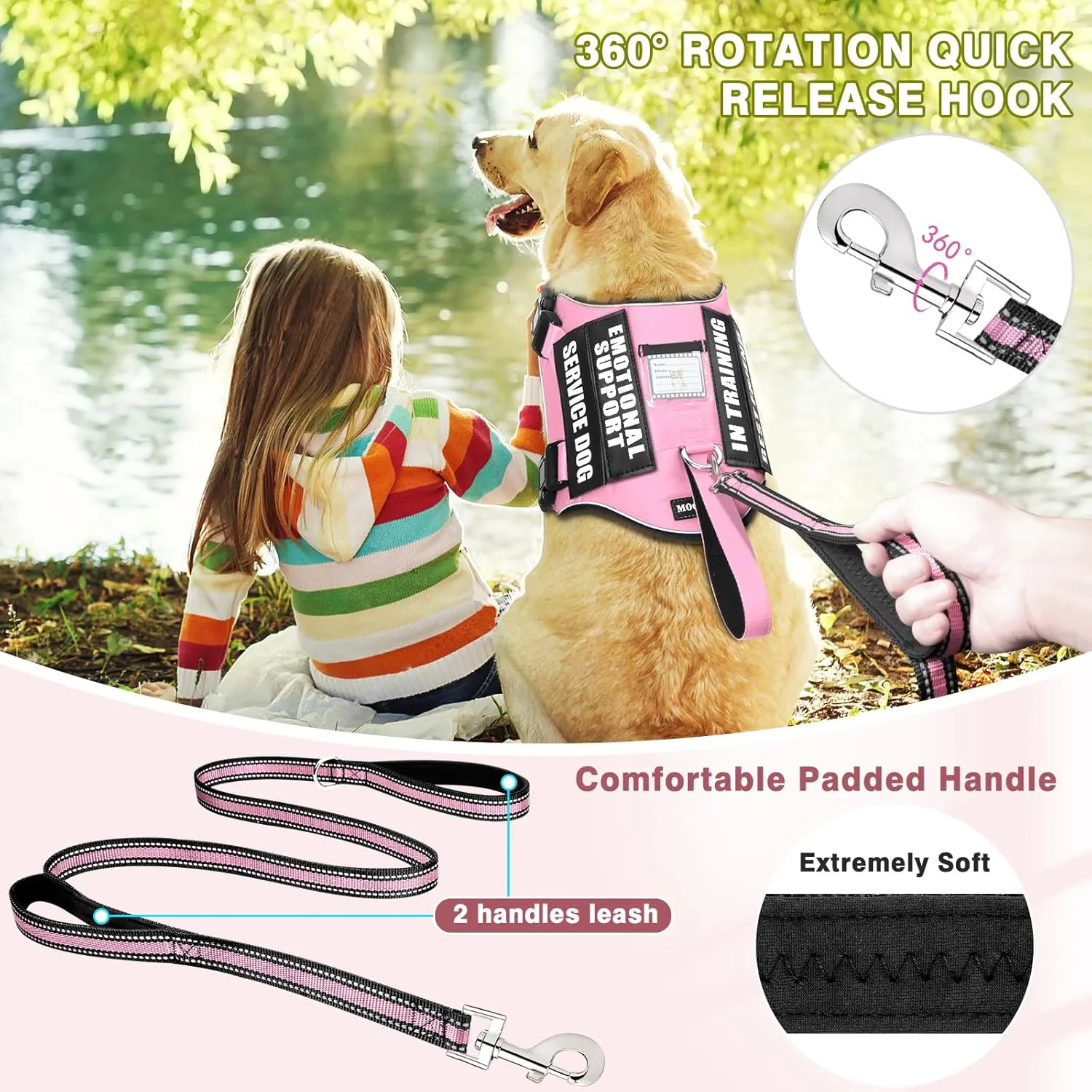 Service Dog Vest Harness and Leash Set 10 Patches,No Pull&Easy Walk Reflective Dog Harness with Soft Padded Handle for Training/Everyday,Fit Small/Medium/Large/Extra-Large Dogs(Pink S)